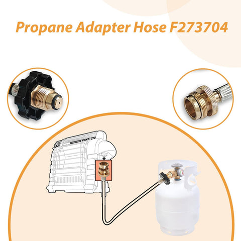 Diagram of 10 Foot Propane Adapter Hose For Buddy Series Heaters connecting propane tank and heater with close-up fittings