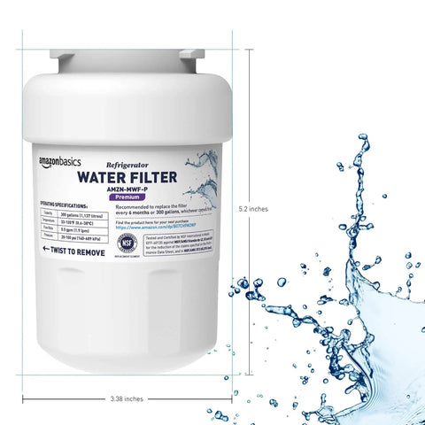 Replacement Water Filter Cartridge For GE MWF Refrigerator, NSF Certified, shown next to splashing water graphic.