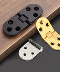 Concealed Flush Mount Hinges For Cabinets And Tables, 180 Degree Swing, Go-To Flat Folding Door Hinge in black, gold, and silver