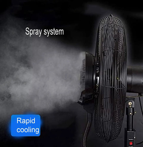 Heavy Duty Industrial Misting Fan With Fine Water Spray Delivers Straight Up Powerful Cooling For Outdoor Gyms And Greenhouses, showing mist spray system.