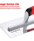 Detailed view of Two-Piece Notch Trowel Set With Stainless Steel Blades And Soft Grip Handle, highlighting aluminum mount