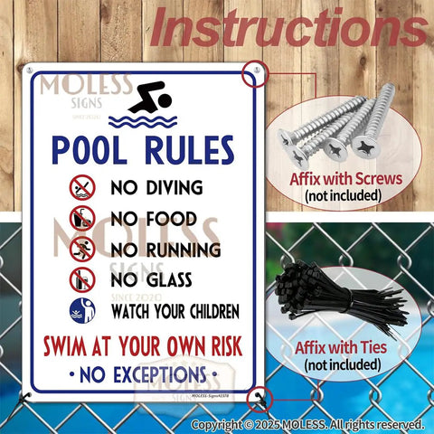 Two Pack Outdoor Pool Rules Signs 14x10 Inches Durable Aluminum Weatherproof And UV Protected Easy Mount For Pool Safety No Diving Watch Your Children Swim At Your Own Risk For Fences Or Decks