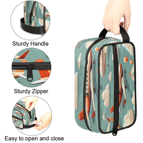 Cartoon Airplane Travel Toiletry Bag For Men With Hanging Kit, showing the handle, zipper, and airplane design, size 10.5 x 4.4 x 5.3 inches.