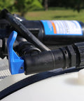 Close-up of the spray flow shutoff valve on the 15 Gallon ATV Boomless Broadcast Sprayer With 16 Foot Swath, adjustable spot spray gun