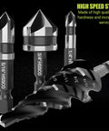 All In One Step Drill Bit Set With Countersinks For Metal Aluminum Wood Plastic, Four Spiral Flute, various sizes and markings.