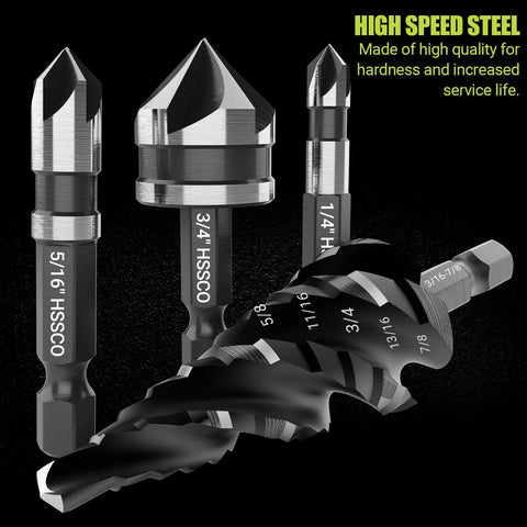 All In One Step Drill Bit Set With Countersinks For Metal Aluminum Wood Plastic, Four Spiral Flute, various sizes and markings.