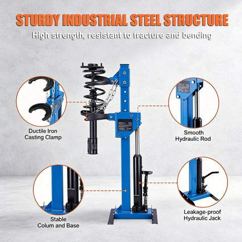 Image of 4.5 Ton Hydraulic Strut Spring Compressor with foot operated power showing ductile iron clamp and hydraulic components.
