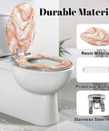 Elongated Liquid abstract marble painting print rose gold Toilet Seat on a white toilet with stainless steel hinge.