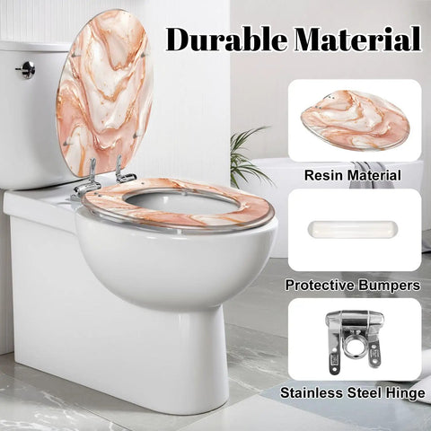 Elongated Liquid abstract marble painting print rose gold Toilet Seat on a white toilet with stainless steel hinge.
