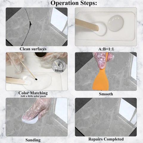 DIY use of Color Match Porcelain Repair Kit For Tub And Tile, showing mixing, color matching, smoothing, sanding, and completed repair.