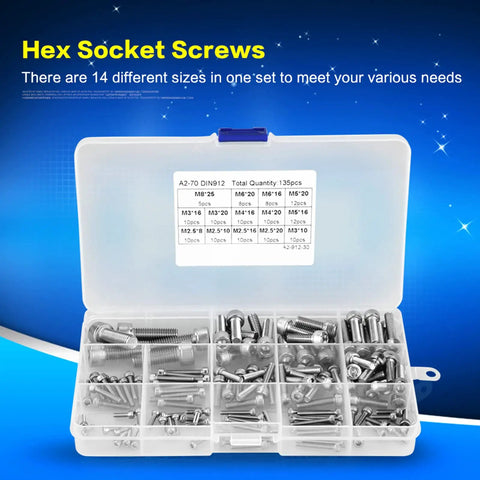 135-Piece Metric Screw Assortment Kit With Button Head Socket Cap Bolts In 304 Stainless Steel displayed in organized box