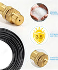 Close-up of 100Ft 360 Degree Adjustable Garden Irrigation System brass nozzle and tubing, highlighting UV protection and durability.
