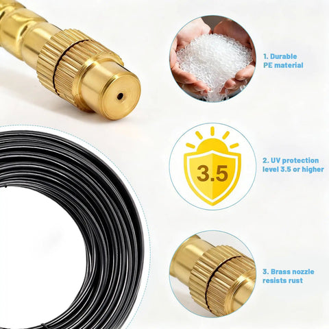 Close-up of 100Ft 360 Degree Adjustable Garden Irrigation System brass nozzle and tubing, highlighting UV protection and durability.