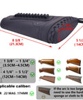 Rifle Buttstock Cover With Leather And Waxed Canvas Cushion dimensions and compatible calibers displayed.