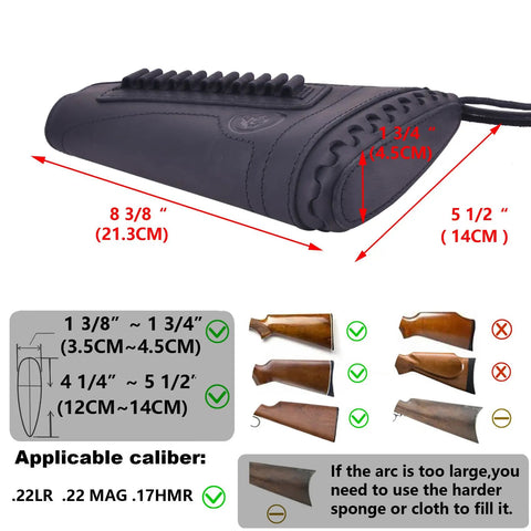 Rifle Buttstock Cover With Leather And Waxed Canvas Cushion dimensions and compatible calibers displayed.
