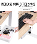 Mesh Desk Organizer With Clamp-On Swivel Pencil Drawer Hidden Under Desk Storage Space Saver shown under wooden desk