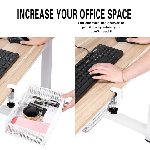 Mesh Desk Organizer With Clamp-On Swivel Pencil Drawer Hidden Under Desk Storage Space Saver shown under wooden desk