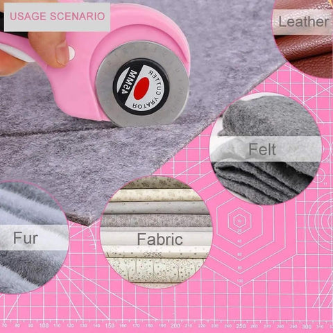 Close-up of pink rotating cutting tool with ergonomic handle on fabric swatches, showcasing felt, leather, and fur.