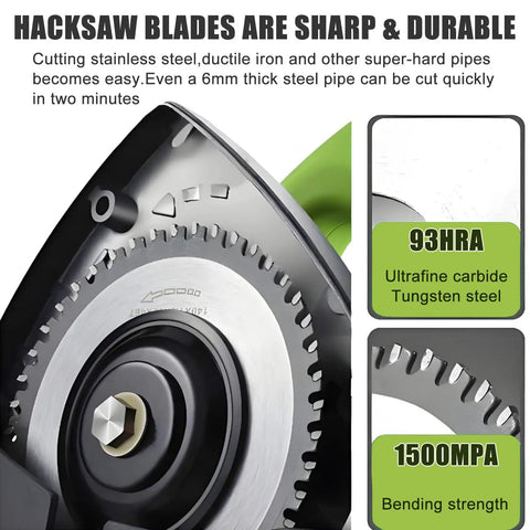 Close-up of sharp hacksaw blade on Pro Automatic Pipe Cutting Machine For Copper, PVC And Thin Stainless Tubes, showing durability features.