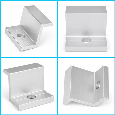 Rock Solid 10 Pack Aluminum Solar Panel End Clamps For 30mm Frame Height With Z Style Roof Mount brackets, four angles shown.