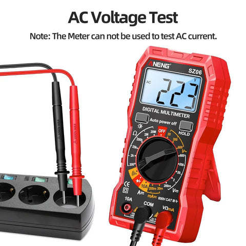 All In One Digital Multimeter Tester 2000 Counts With DC And AC Voltmeter displaying 23 AC voltage in red with test leads