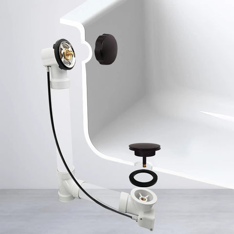 Cable-Driven Bath Drain Trim Kit With Rotary Overflow Cover Knob Pop-Up Stopper And Schedule 40 PVC Fittings 45-Inch Length Oil Rubbed Bronze Finish DIY Friendly Install shown installed in bath.