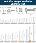 Six Piece Set 3/8-16 Stainless Steel Hex Head Screws Bolts With Nuts Flat And Lock Washers size chart with 6 inch length highlighted