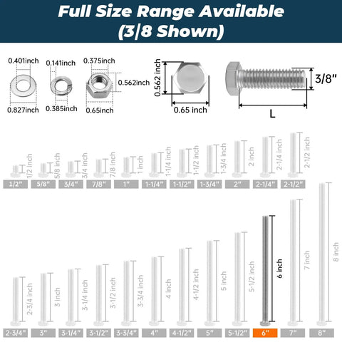Six Piece Set 3/8-16 Stainless Steel Hex Head Screws Bolts With Nuts Flat And Lock Washers size chart with 6 inch length highlighted