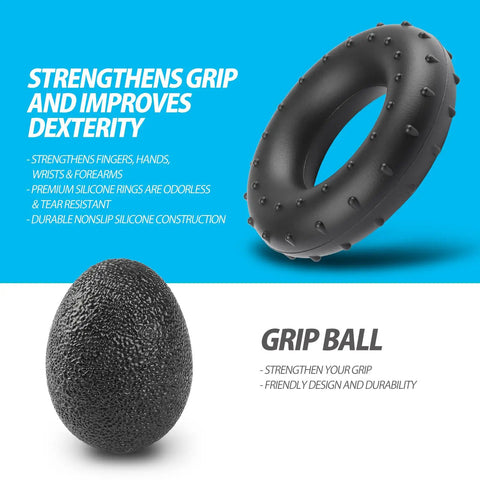 Adjustable Counting Grip Strengthener Kit 5 Pack with Grip Ring and Ball in black, shown in textured silicone for athletes.