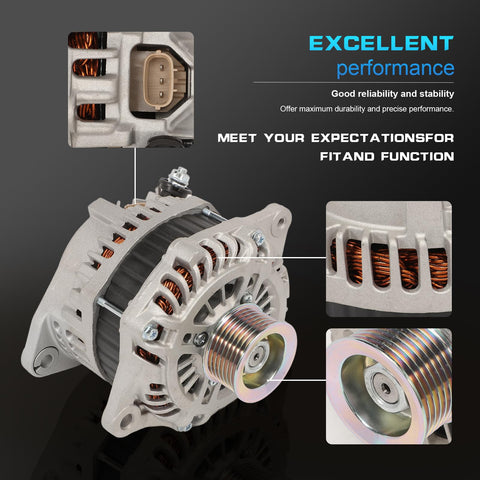 Beefed-Up 7-Groove 12V Alternator Replacement with pulley and connector details for 2013-2017 Pathfinder, Murano, QX60, JX35.