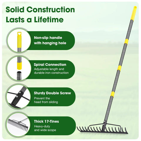 Heavy Duty Bow Rake With 17 Tines 17 Inch Wide Garden Rake Adjustable Length 35 To 67 Inches Manganese Steel Handle Pro Grade Yard Tool