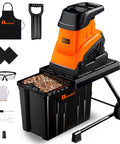 Beast Mode Wood Chipper Shredder For Yard Cleanup With 1800W Motor And 1.77 Inch Cut showcased with accessories and 10 gal bin