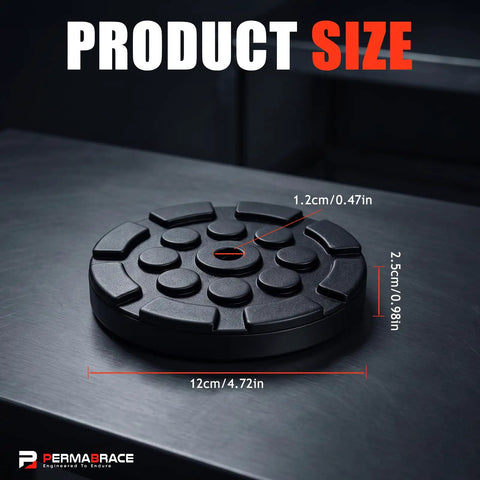 Permabrace 4 Pack Round Rubber Car Lift Pads With Anti-Slip Design For Heavy Duty Auto Jacking Lifting On 2 Post Lifts And Floor Jacks showing size dimensions on a black background.