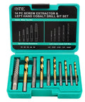14 Piece Left Hand Drill Bit And Screw Extractor Set in teal plastic case with spiral extractors and various bit sizes visible
