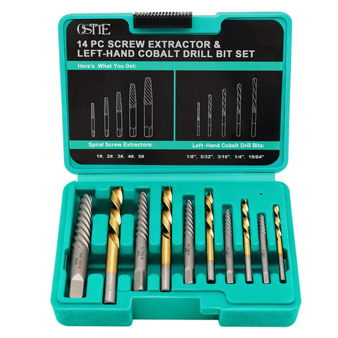 14 Piece Left Hand Drill Bit And Screw Extractor Set in teal plastic case with spiral extractors and various bit sizes visible