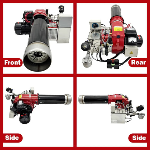 Top Shelf Waste Oil Burner With Air Atomizing Tech For Blazing Shop Heat Multi Fuel Ready Engine Plant Or Diesel Oil Heavy Duty Workhorse For Industrial Heaters Dryers And Kilns 220V Single Phase front view showing burner nozzle and components.