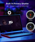 Built-in Privacy Shutter on 4K webcam displayed on a laptop, showcasing a closed and opened lens for security.