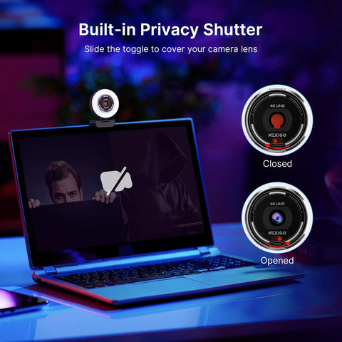 Built-in Privacy Shutter on 4K webcam displayed on a laptop, showcasing a closed and opened lens for security.