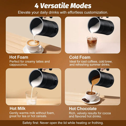4 In 1 Milk Frother And Steamer For Hot And Cold Foam, 11.8 oz Capacity, showing 4 versatile modes for drinks
