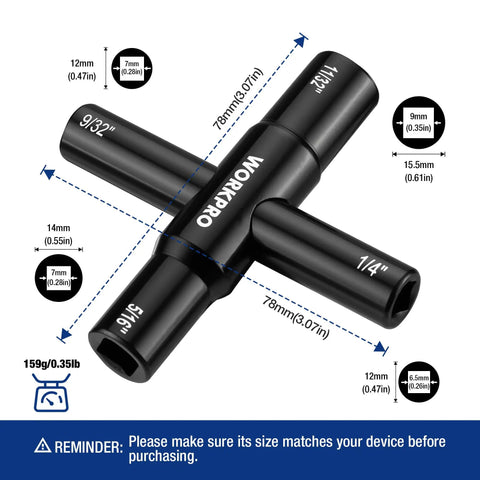 Heavy Duty 4 Way Water Key Set For Faucets And Meters From WORKPRO showing 1/4", 9/32", 5/16", 11/32" black steel keys
