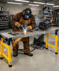 Built Tough Folding Welding Table With 4000 Lbs Beefy Load Capacity And Five Height Adjustable Levels For Portable Assembly Workbench in use.