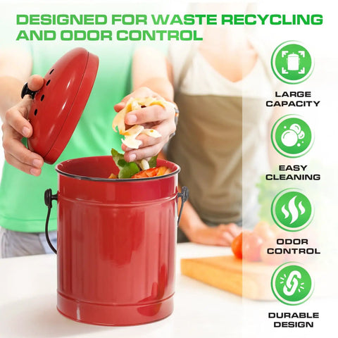 Outdoor Dual Chamber 43 Gallon Compost Tumbler Kit With 1.5 Gallon Kitchen Bin Lid And Charcoal Filter Rotating Design Red Pail