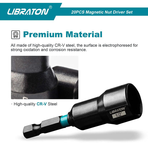 Close-up of 1/2 inch bit from Magnetic Nut Driver Set 20 Piece For Impact Drills Metric And SAE showing CR-V steel material.