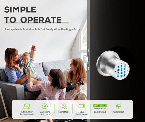 Keyless Entry Door Lock With No Hassle Setup And Two Point Five Second Auto Lock Lets You Run Up To 255 User Codes Waterproof Easy To Install And Program For Bedroom Garage Office Gate Durable Classic Silver with family relaxing in living room