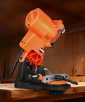 Tough Electric Chainsaw Sharpener Bench Mounted Eighty Five Watt Motor Spins Up To Five Thousand Rpm With Dual Grinding Discs on wooden workbench.