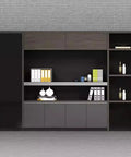 Heavy Duty Floor Standing Bookshelf And File Cabinet Pairing warm wood tones with dark steel, four tier organizer with hidden storage.