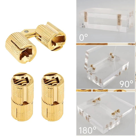 Hidden Brass Barrel Hinges For Cabinets And Drawers No Visible Hardware, 10mm Diameter, 8 Pack with drill bit, showing installation angles
