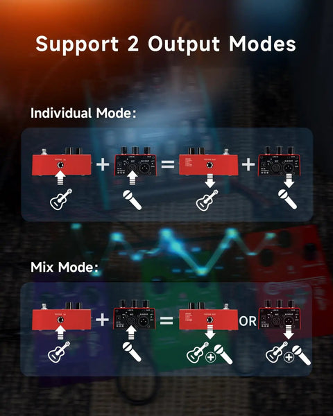 Diagram showing support for 2 output modes on the FV01 Vocal Effects Processor With Pitch Correction And Delay Reverb.
