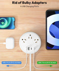 Hassle Free Travel Power Strip With Two Swift Usb C Ports, Ultra Compact Extension Cord with four USB charging ports.