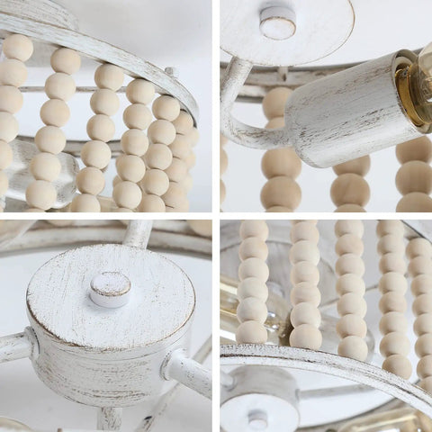 Close-up details of Dope Wood Beaded Boho Farmhouse Chandelier With E26 Base Semi Flush Mount Ceiling Light Milky White Finish Oak